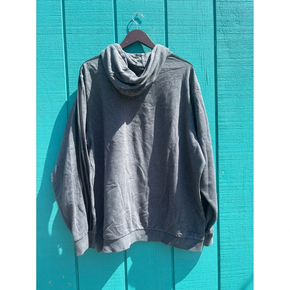 Adidas Mens Essentials Linear Logo Hoodie Gray 3-Stripe Pullover‎ Sweatshirt 2XL